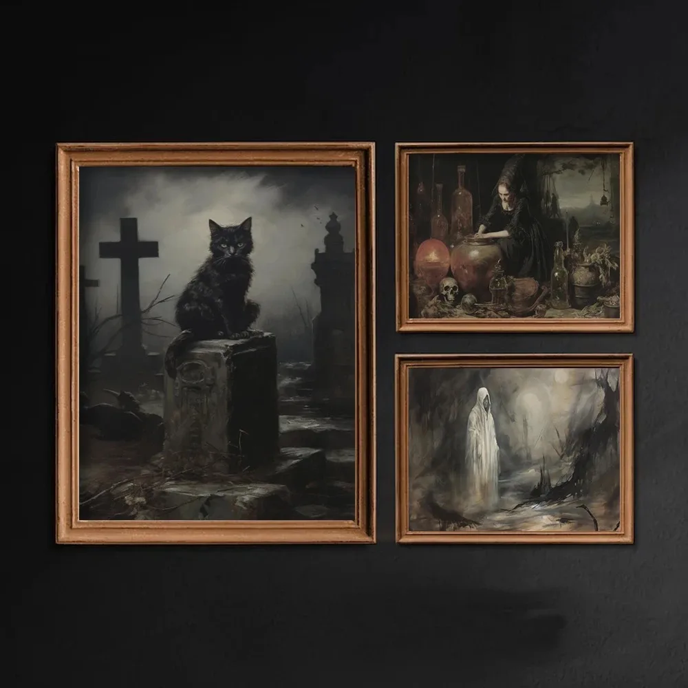 Thriller Gothic Dark Style Set Retro Posters Horror Clown Ghost Doll Magic Witch Wall Art Living Room Home Decor Canvas Painting