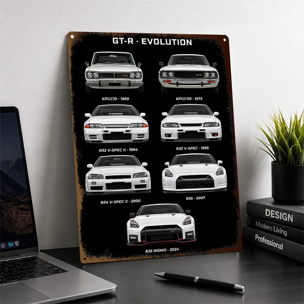 Japan GT-R Evolution White Front View Model Chart Textured Poster Personalized Aluminum Metal Sign Wall Art Perfect For Office
