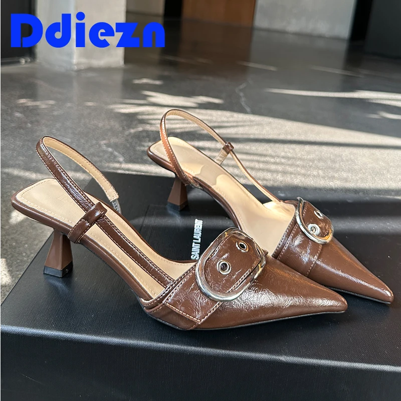 Fashion Ladies High Heels Sandals Shoes New Summer Design Metal Buckle Pointed Toe Female Footwear Pumps Women Heeled Shoes