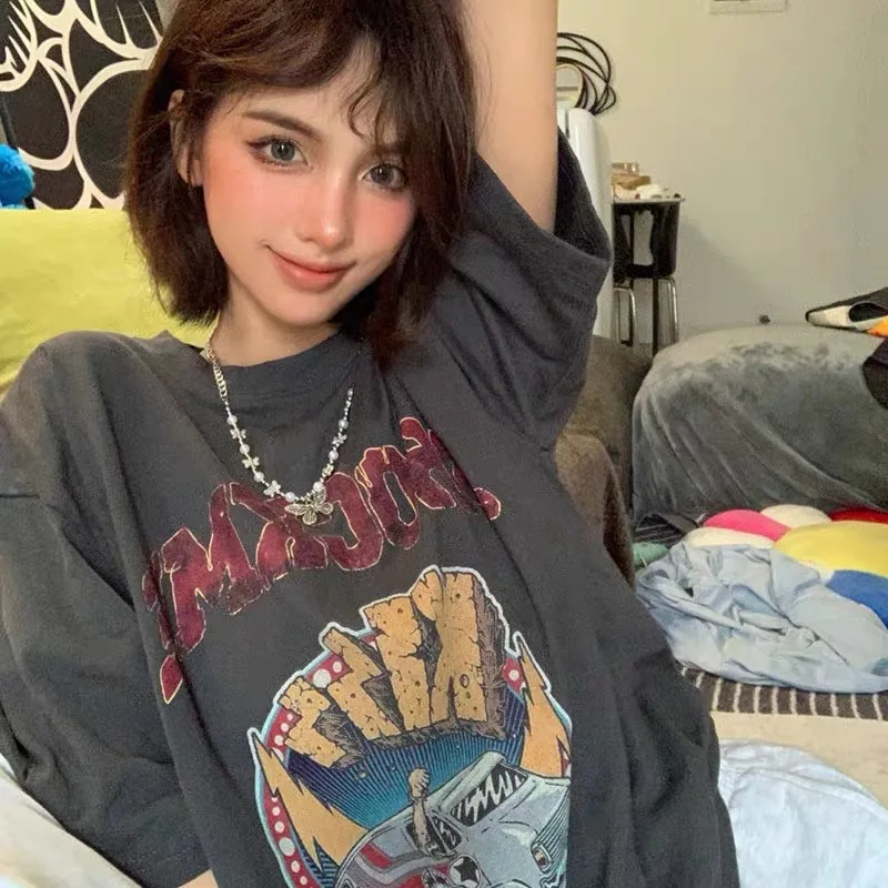 

American Retro Deep ey ort Sve T-irt Cotton 00% Commute Sle Creative Pattern Women's Summer Faion