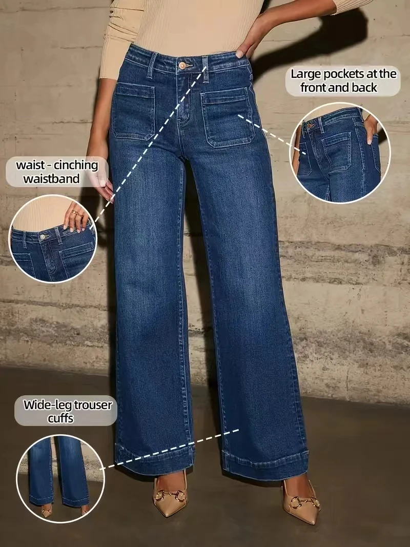 Deep Blue Straight-Leg Jeans with a Retro Square Pocket Design, Wide-Leg Pants Featuring Contrasting Topstitching and Rolled Hem