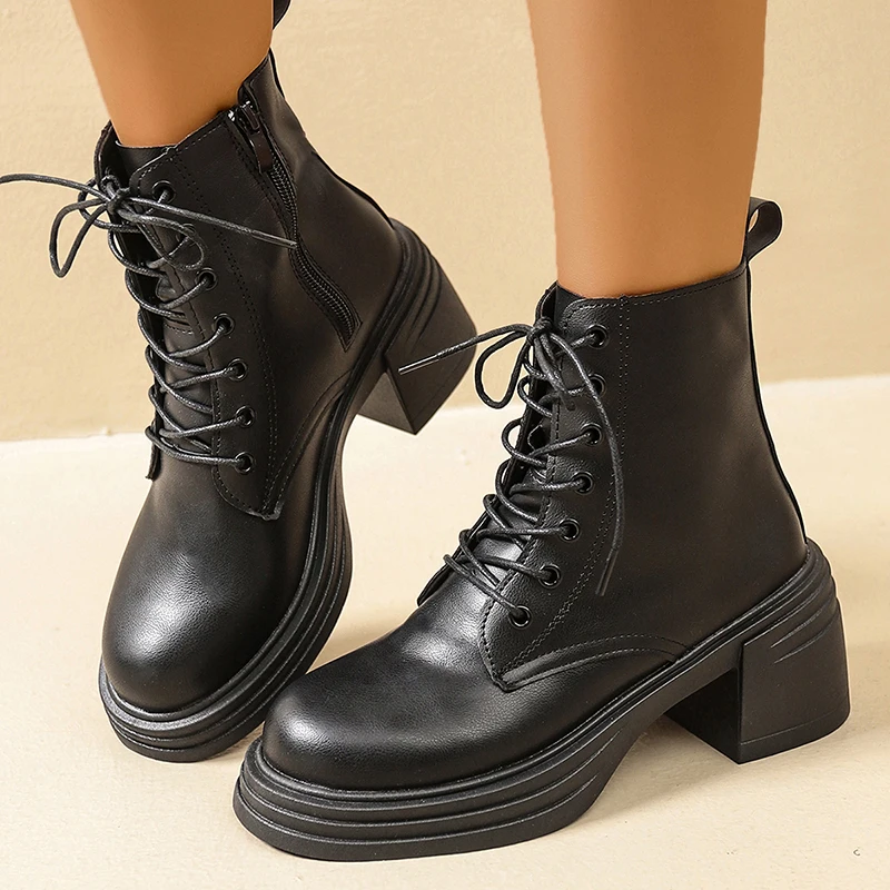 

Black Pu Leather High Heels Boots Women Plus Size 42 Lace Up Platform Ankel Boots Woman Fashion Thick Heeled Motorcycle Botas