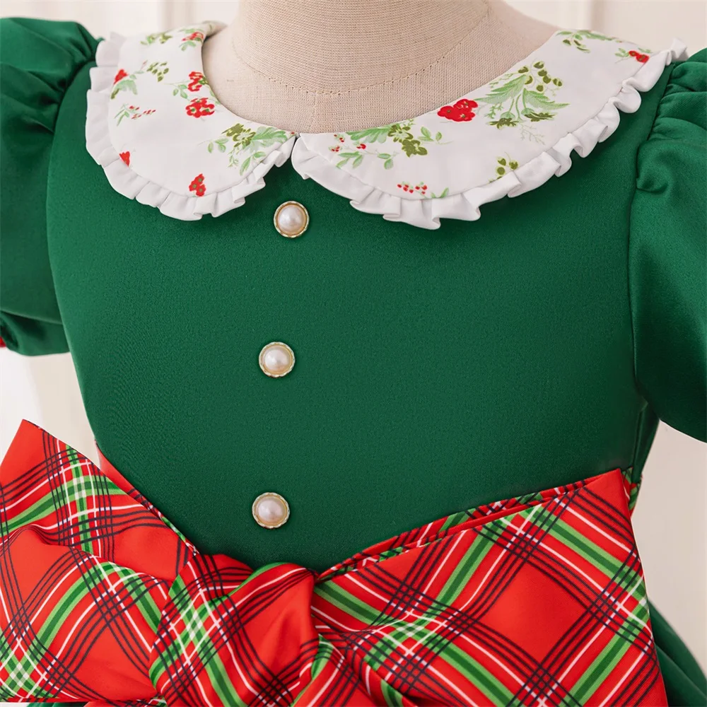 Young Christmas Red Big Bow Party Dress Girls Lolita Cute Princess Gown Kids Fluffy Santa Claus Costume Girl Vintage Green Wear