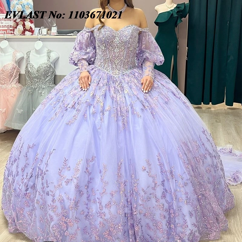 EVLAST Customized Lavender Quinceanera Dress Ball Gown Lace Applique Beaded Tiered Corset Sweet 16 Vestidos De XV 15 Anos SQ120