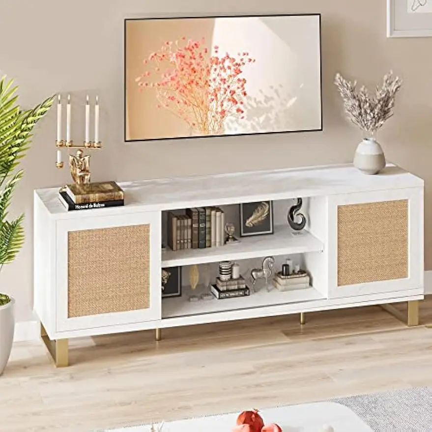 TV Stand Rattan Entertainment Center for 65 Inch TV Modern Console Table White Low TV Stand with Storage, Doors and Shelves