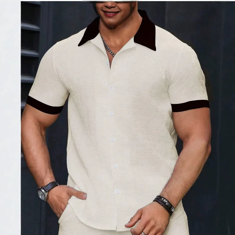 

Men's Casual Shirt 2025 Autumn Thickened Fleece Lined Nine Sleeve Collar Beach Short Shorts Lorblock Short Sve Shorts