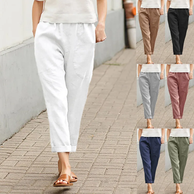 Pants women 2026 casual large pocket solid color comfortable cotton linen casual straight long pants for women's clothing