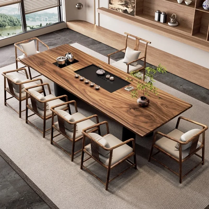 

Walnut tea table and chair combination solid wood large board table office tea table light luxury high sense