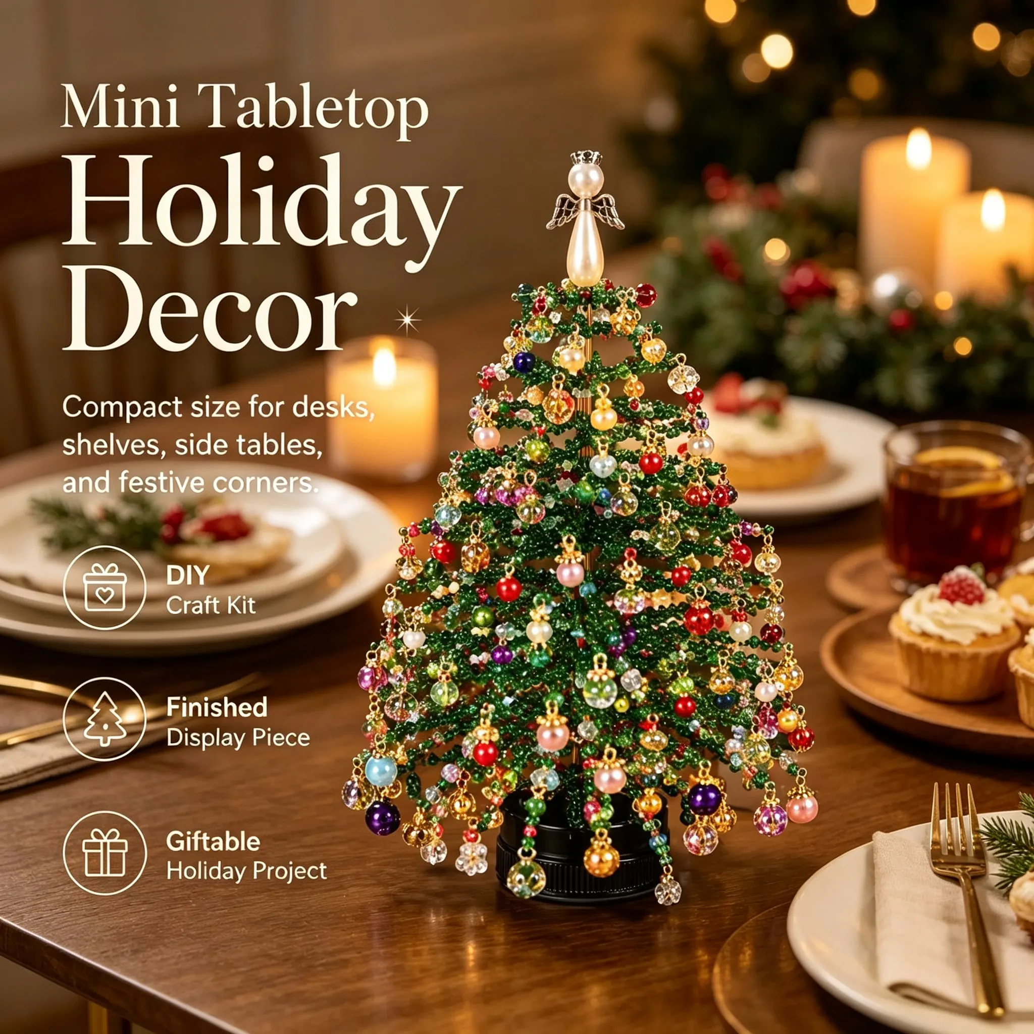 DIY Beaded Christmas Tree Kit with Lights for Adults, Tabletop Decor DIY Set Christmas Halloween Ornaments Xmas Decor