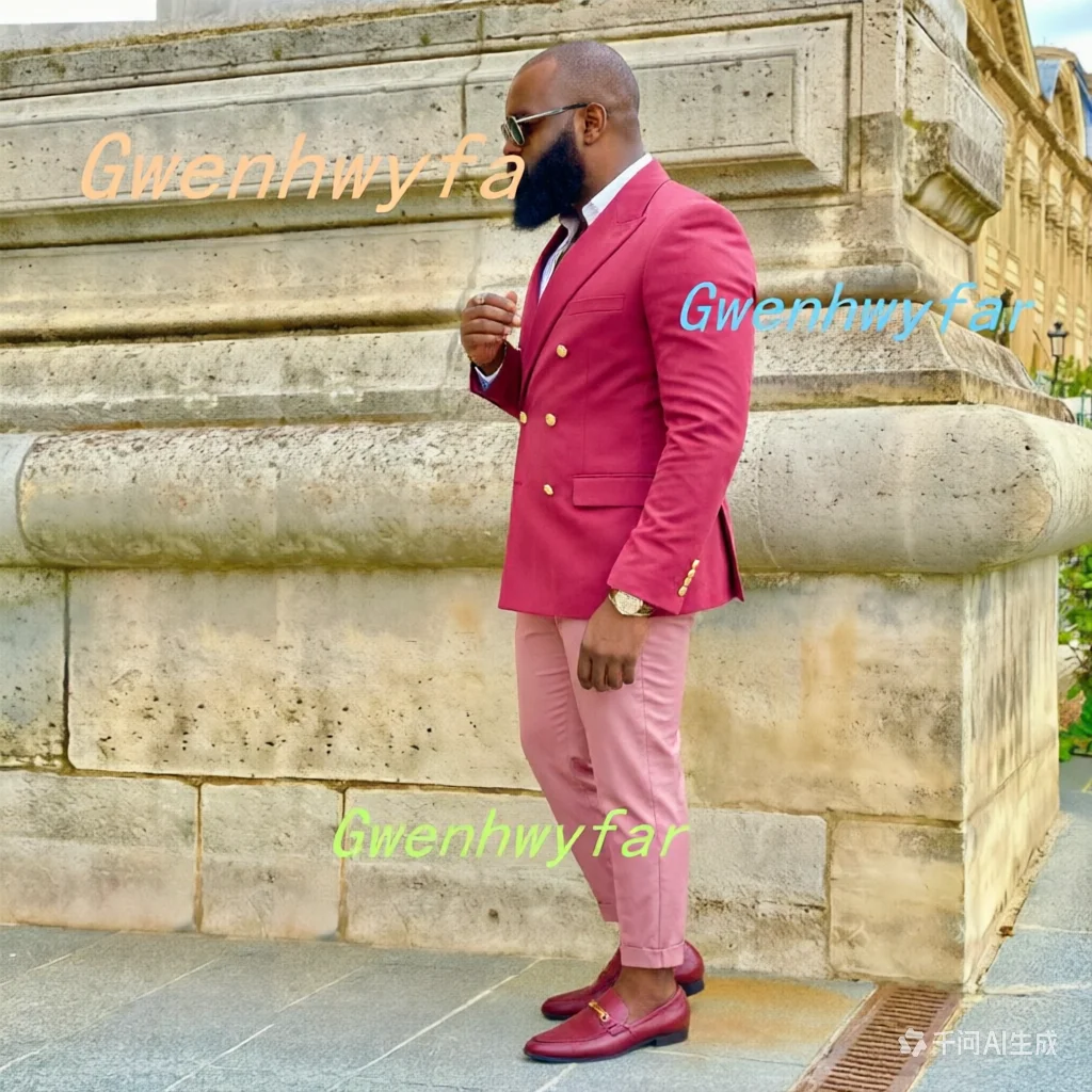 Gwenhwyfar Elegant Men's Mixed Color Suit 2 Pieces Set Hot Pink Jacket with Pink Pants Fashionable Party Shopping Suit for Men