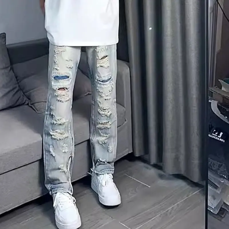 

Американские рваные брюки с царапинами, старые джинсы High Street, мужская летняя одежда с рюшами, прямая молния, роскошная одежда, брюки-жебраки