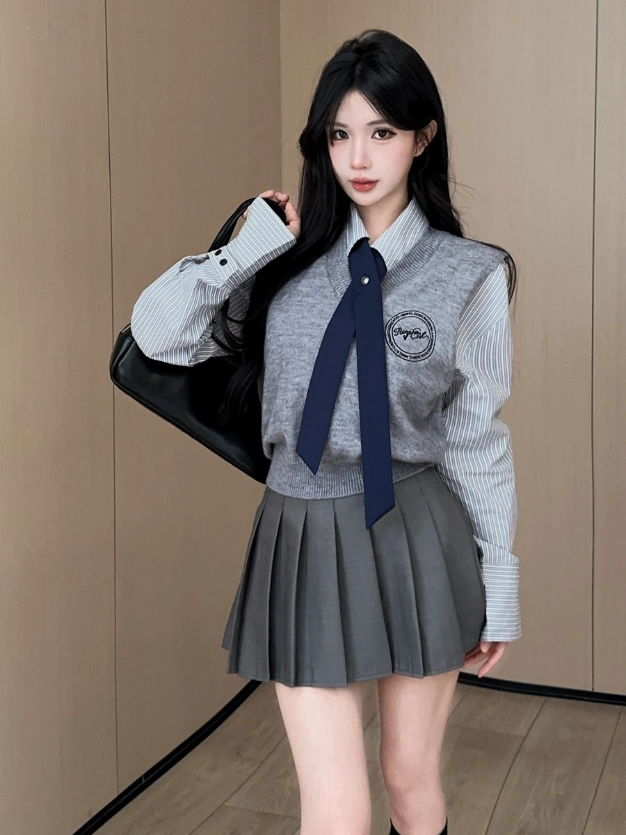 Preppy Style Knitted Short Embroidered Vest Long Sleeve Striped Shirt Inner High Waist Pleated Short Skirt Fashion Set Women'...