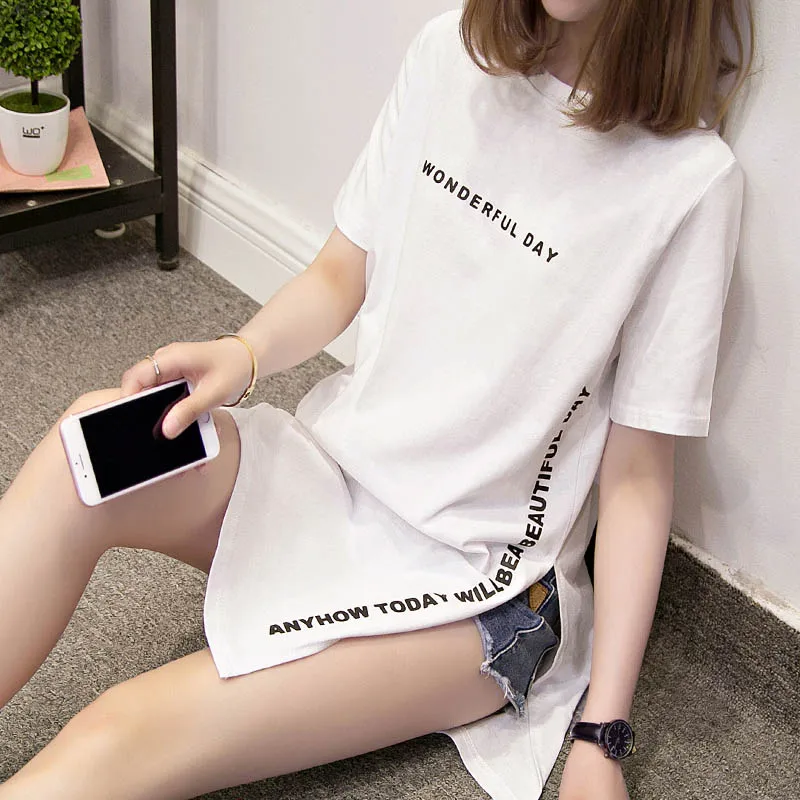 Wonderful Day Print Long T Shirts Summer Women Loose Slit Femme Tops Cotton Tshirt Short Sleeve Ladies T-Shirt