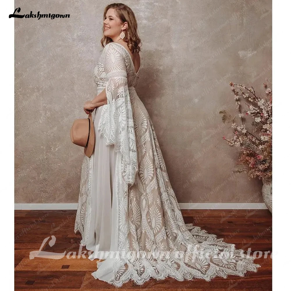 Lakshmigown Bohemian Boho Hochzeitskleid aus Spitze und Chiffon mit langen Ärmeln, offenem Rücken, V-Ausschnitt, Übergröße, Vestidos De Novia, maßgeschneidert. – Detail 6