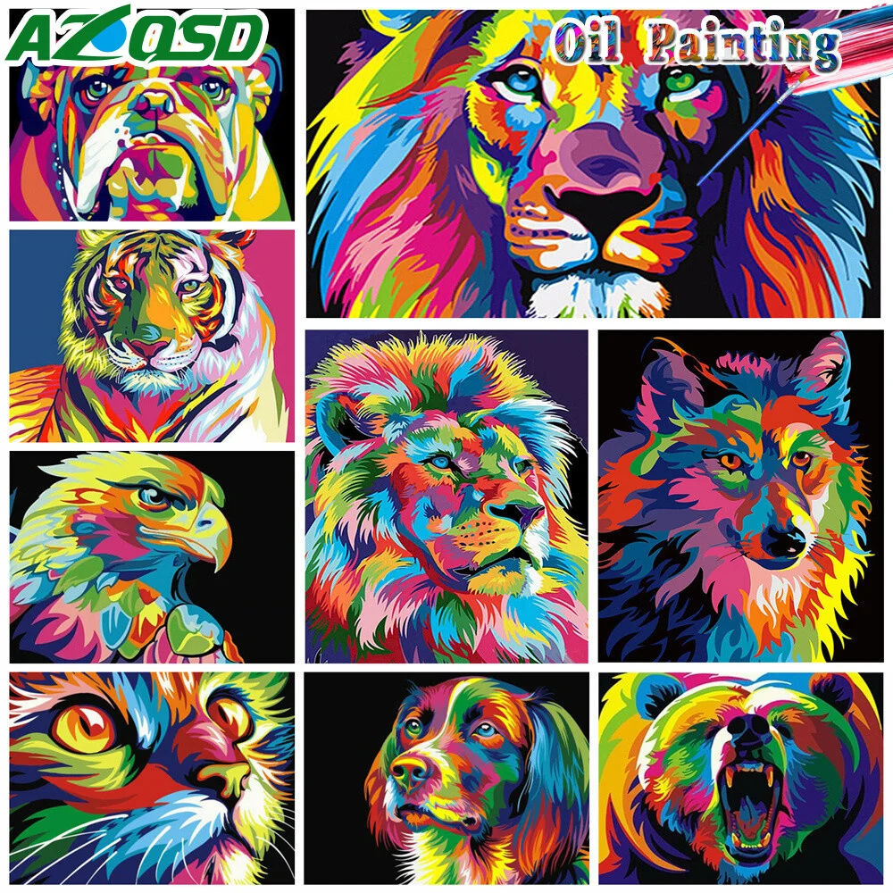 AZQSD Paint By Numbers With Frame Colorful Animal Lion Cat Tiger Pictures Acrylic Oil Painting On Canvas 60X75cm Handpainted