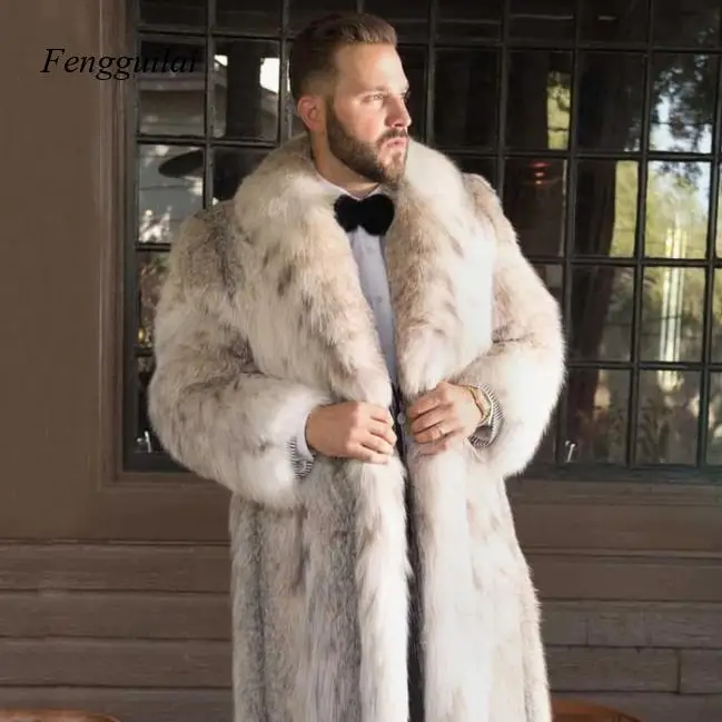 Long Coat for Men Made of Fur, Featuring Mountain Cat and Leopard Patterns, Made of Eco-Friendly Fur Imitation of Fox Fur.