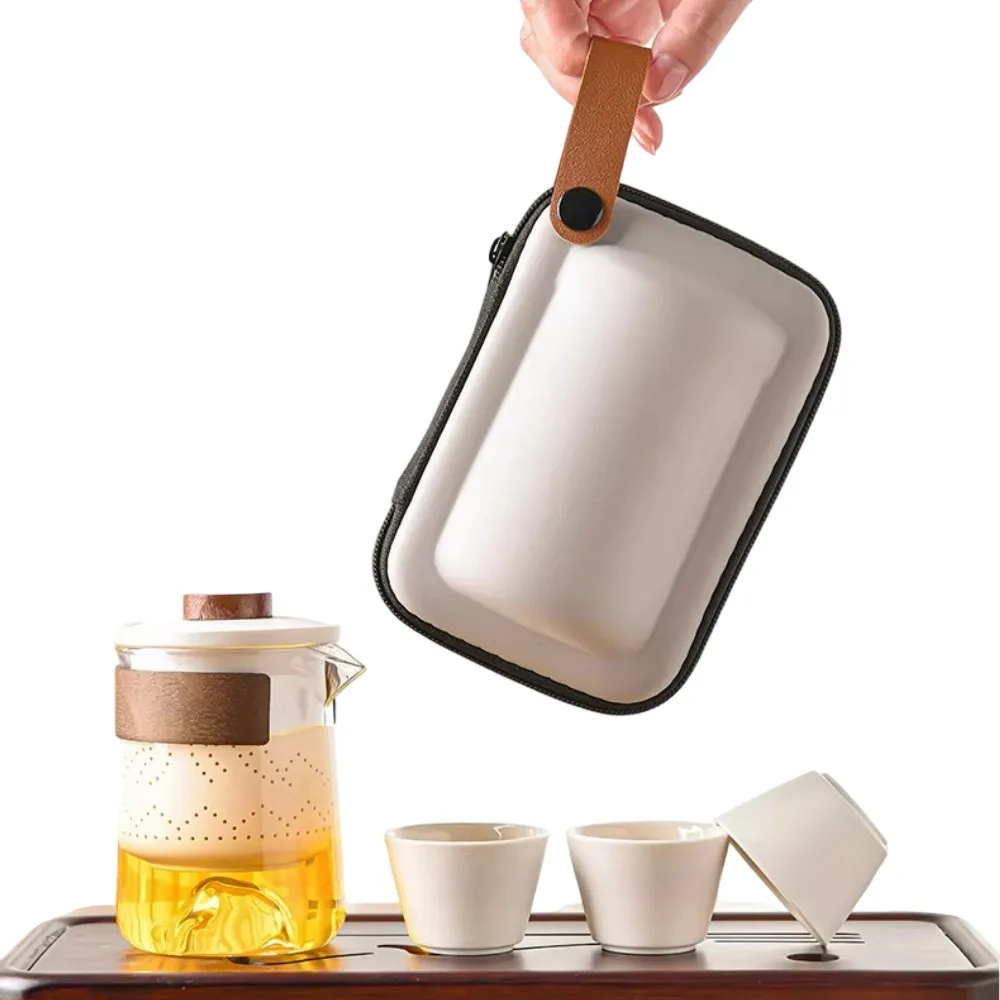 

Travel Tea Set Portable Ceramic+Glass Tea Set with 3 Cups Portable Outdoor Travel Teapot Gongfu Tea Pot with Wood Handle