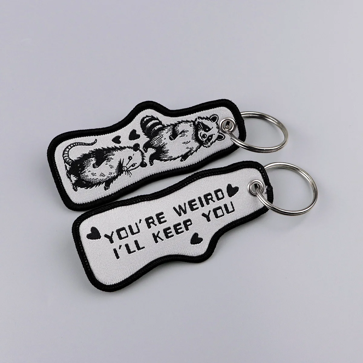 YOU'RE WEIRD Embroidery Key Fobs Cartoon Raccoon Keychain For Motorcycles Cars Key Ring Holder Key Tags Chaveiro Gift