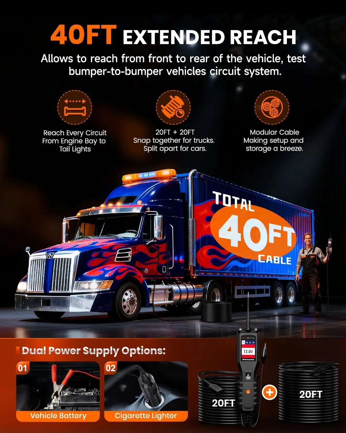 12-24V Automotive Circuit Tester with 40FT Cable, Multifunction Electrical Diagnostic Tool for Vehicle Systems