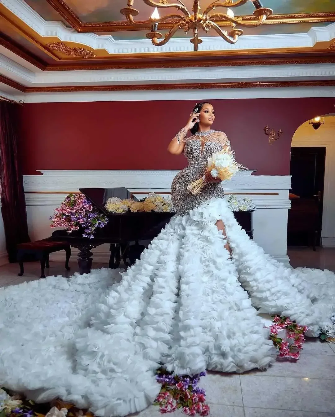 Customized Crystal Mermaid Wedding Dresses with Detachable Train Beading Side Split Bridal Gowns Ruffle Tiered Brides Dress