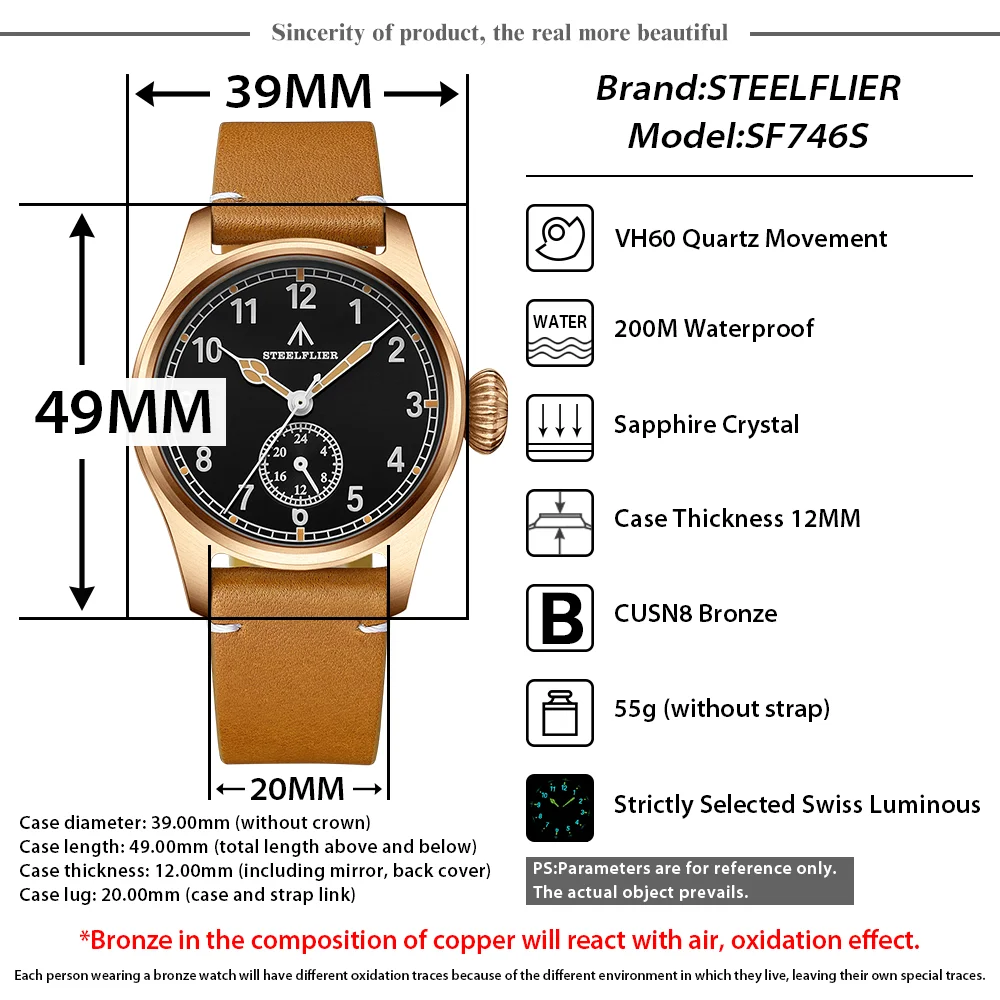 STEELFLIER Official SF746S Bronze Quartz Watch Four Pointer Sapphire Mirror VH60 Movt Swiss Luminous 20Bar Waterproof Wristwatch