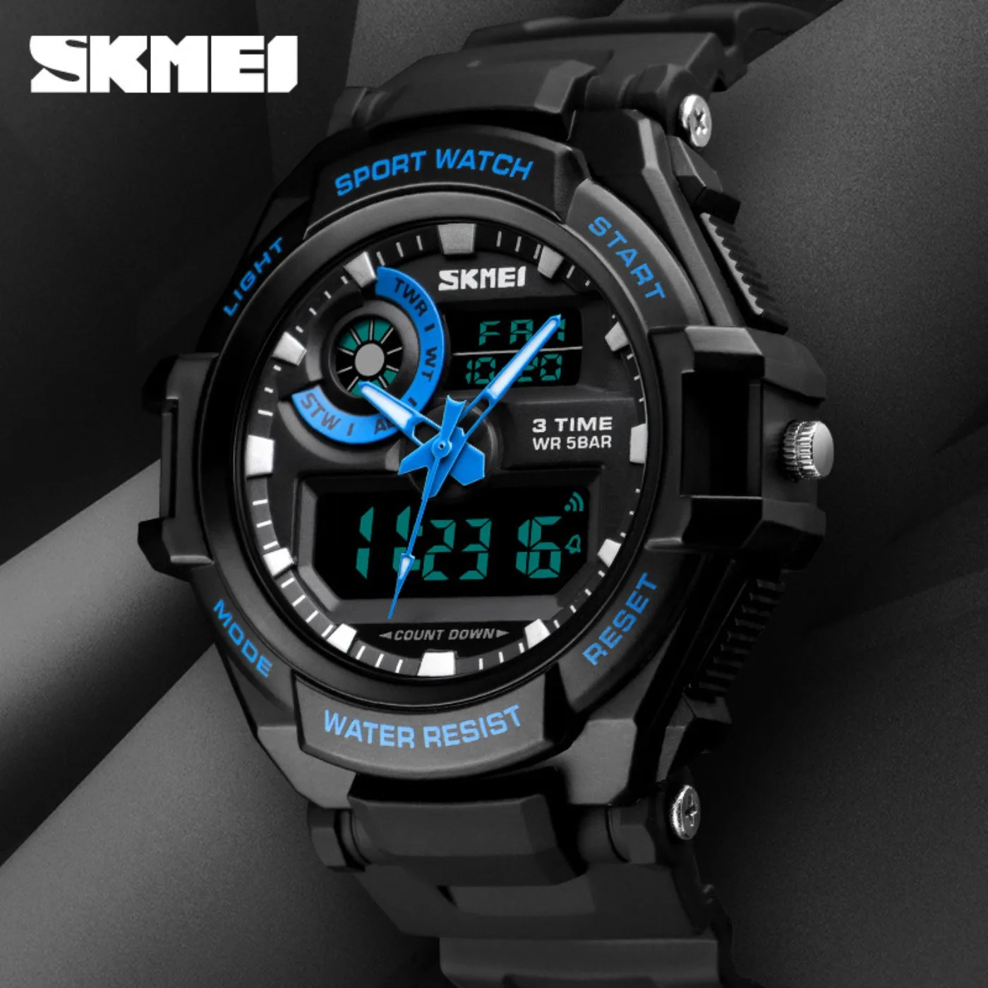 

Sports Watch Men Digital Double Time Chronograph Watches 50M Watwrproof Week Display Wristwatches Relogio Masculino 1270