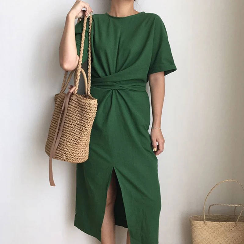 Women's Short Sleeve Bandage Split oversized Dresses 2024 Summer Casual Cotton Bodycon Vintage Long Dress Female Streetwear Ins