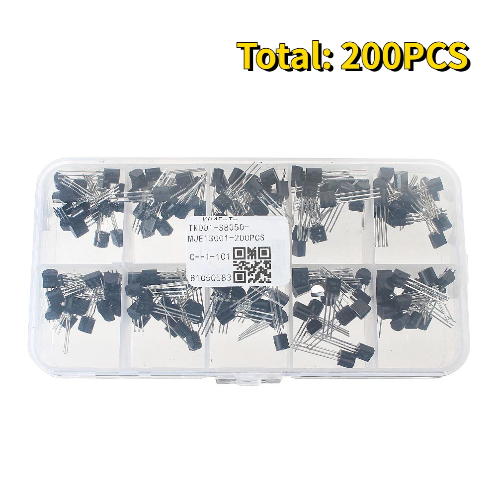 200pcs Transistor Kit 10 Values NPN PNP S8050 S8550 S9012 S9013 S9014 2N3904 2N3906 C1815 A1015 MJE13001 TO-92 Transistors Set