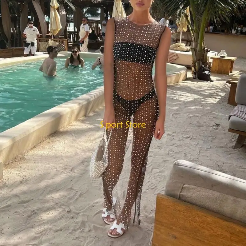 U2JB dames mesh-bikinis cover-up mouwloze maxi-jurk badpak cover-up