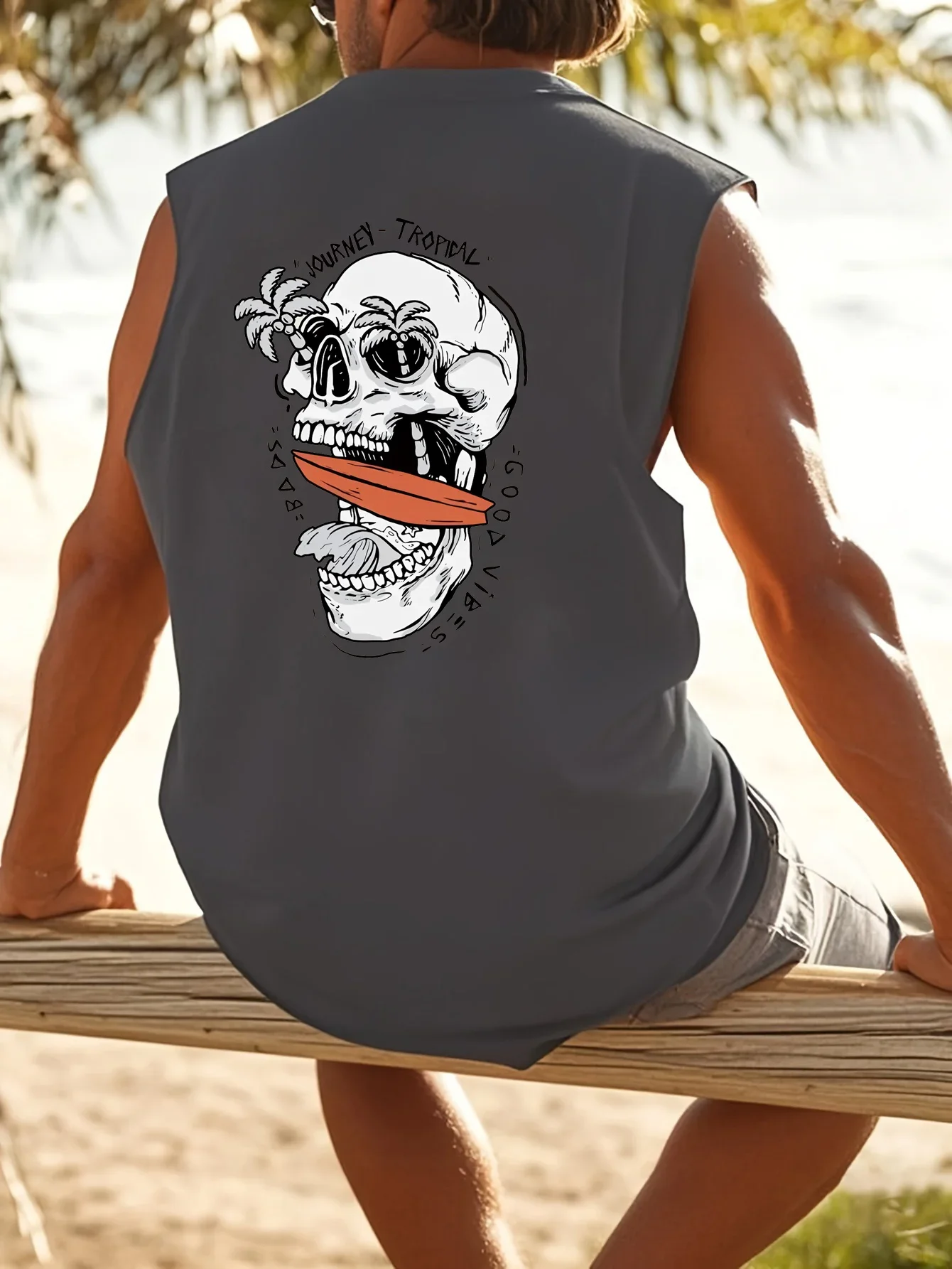 Men's summer casual sports loose fit skull letter pattern print comfortable and breathable round neck sleeveless vest