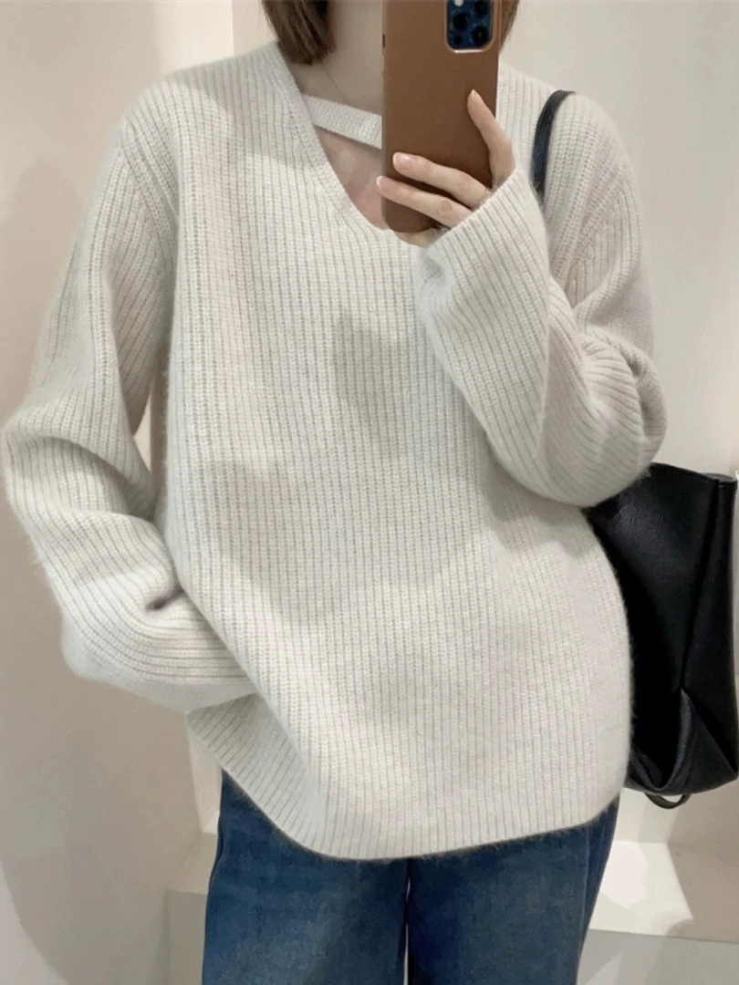 ay V-Ne محبوك سترة المرأة الخريف الشتاء الجوف خارج تصميم تحسس كسول Sle أعلى عالية الجودة فضفاضة تناسب طويلة Sve