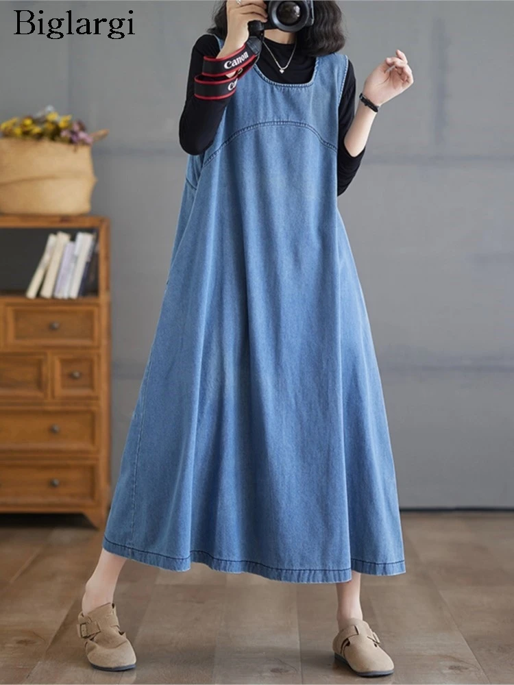 

Denim Oversized Autumn Sleeveless Vests Dress Women Loose Ruffle Pleated Fashion Ladies Vests Dresses Casual Woman A-Line Dress