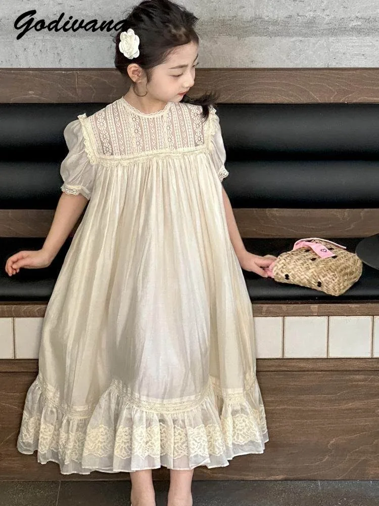 

Little Girls Heavy Lace Trim Long Dress 2026 New Summer French High-end Puff Sleeve Loose Breathable Hollow Princess Maxi Dress