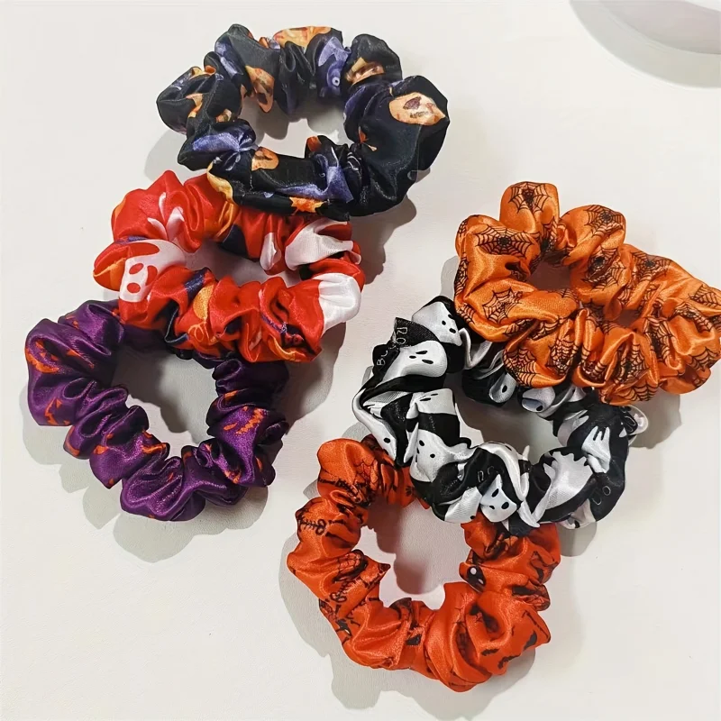 1/6pcs Halloween Scrunchie Spooky Pumpkin Ghost Bat Prints Hair Ties Women Hair Rope Elastic Headwear Hair Accessories Set Gifts