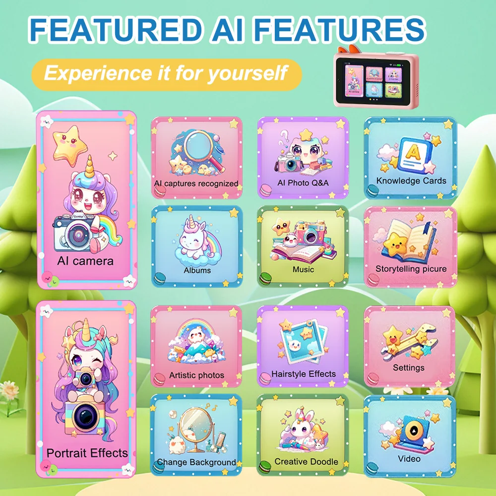 Nova câmera de aprendizagem digital AI para crianças, gravação de vídeo HD com tela sensível ao toque, tomada de fotos de beleza, câmera de aprendizagem AI Q&A