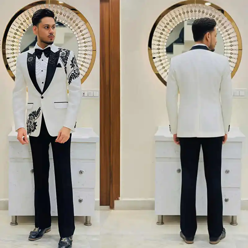 

Elegant Wedding Groom Tuxedo Slim Fit 2 Pieces Jacket Pants Peaked Lapel Appliques Formal Occasion Banquet Custom Made Blazers