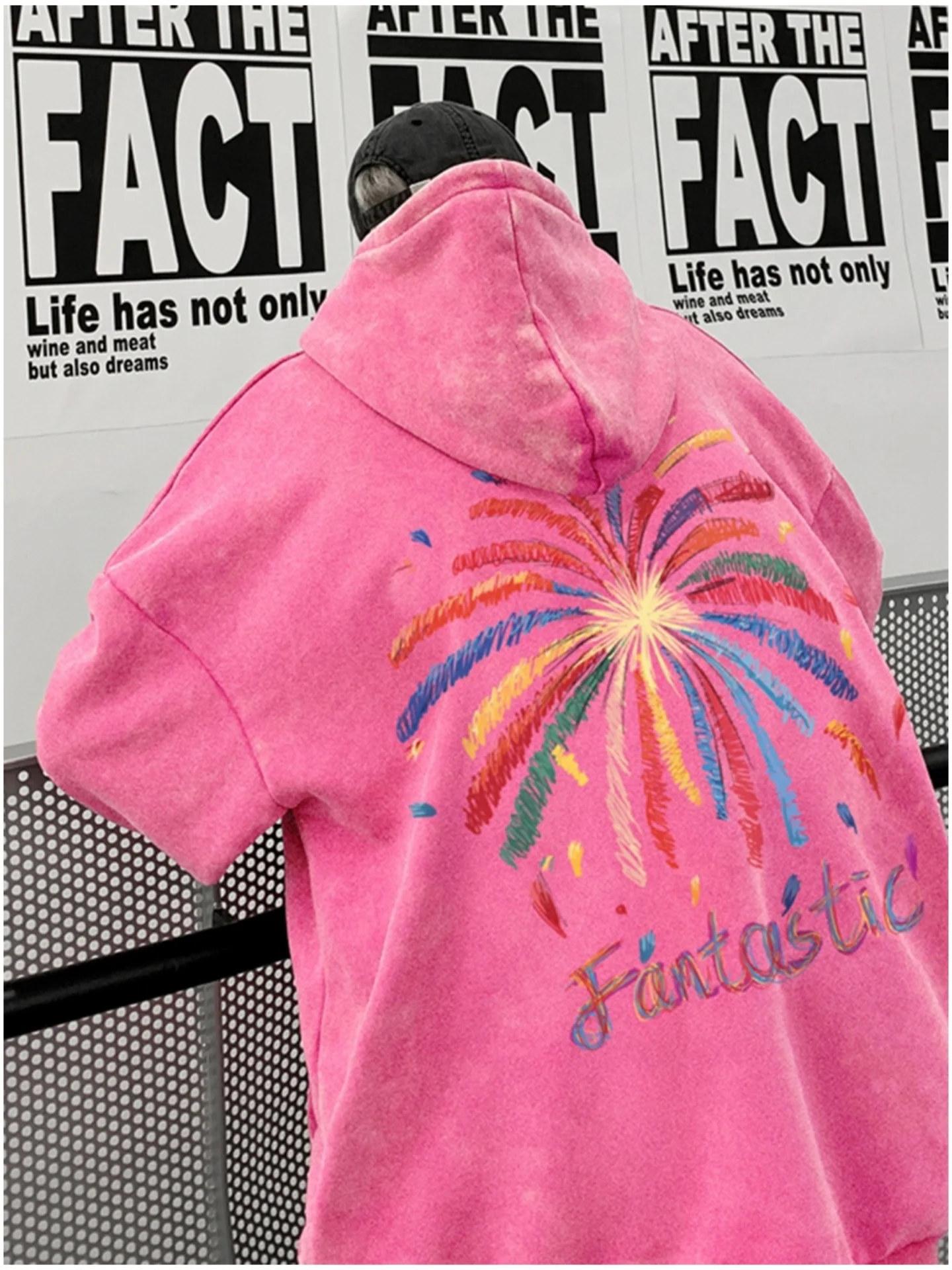 

Розовая толстовка Dopne: уличный стиль, свободный крой, плотный материал, мужская, повседневная, с принтом, осень-зима