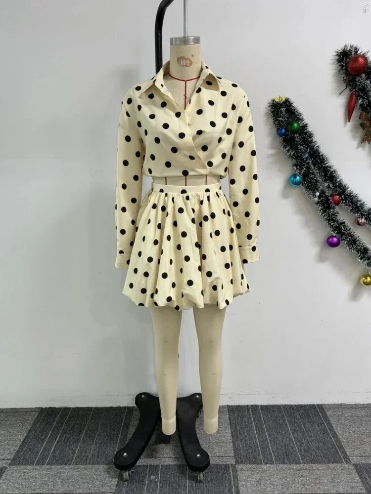 

Elegant Polka Dot Print Two Piece Set with Bow Tie Top and Puffy Skirt Vintage Style Fashion Women Clothing for Summer Outfit