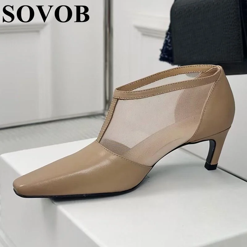 

Spring Summer Mesh Patchwork Genuine Leather Square Toe Short Boots Women Hollowed Out Breathable High Heels Vintage Cool Boots