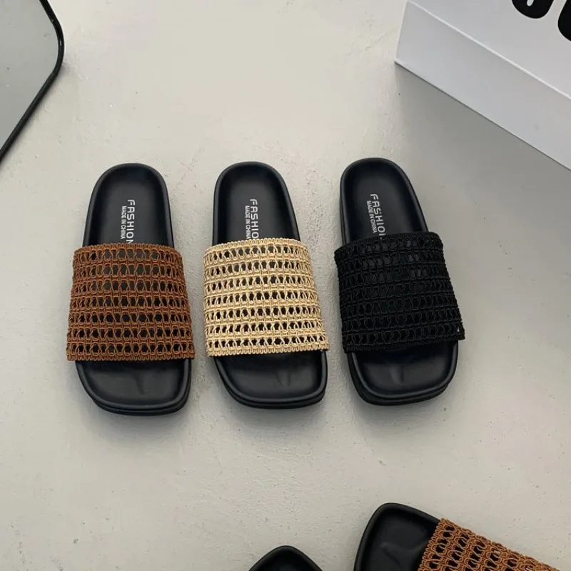 

Knitted Hollow Thick Soled Cool Slippers Women 2026 Summer New Solid , Breathable and Comfortable One Line Cool Slippers Women
