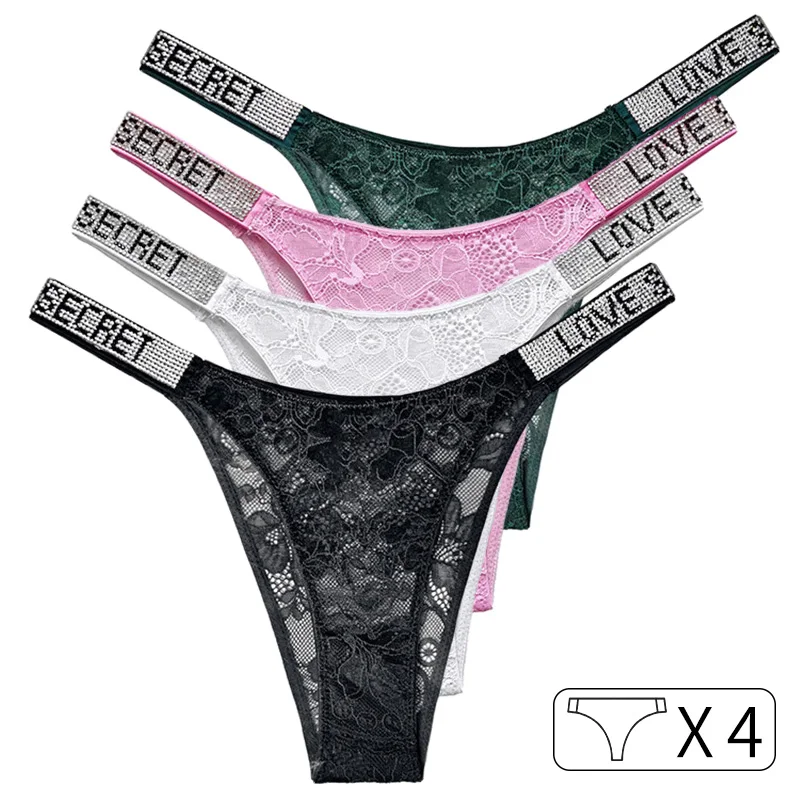 4Pcs Lace Letter Sexy G String Women Panties Thong Seamless Girls Rhinestone Transparent Underwear Female Low Rise Ladies Briefs