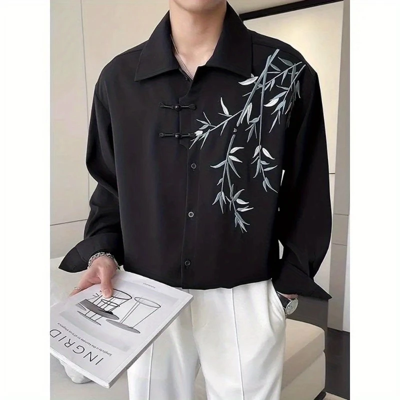 2024 New Spring and Autumn Chinese Style Fashionable Casual Loose Long Sleeved Printed Flip Collar Embroidered Men\'s Shirt Top