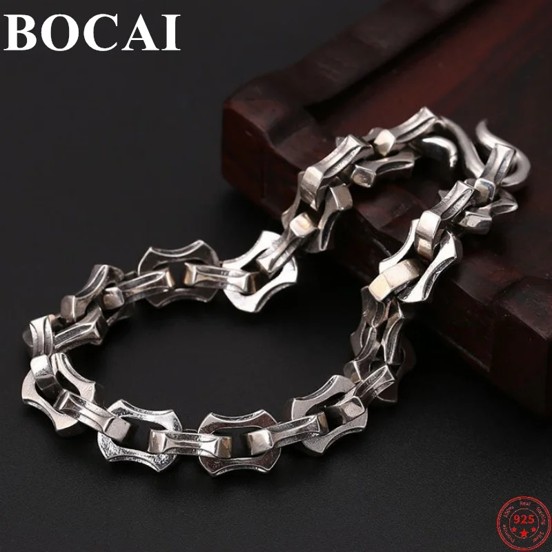 BOCAI S925 Sterling Silver Bracelet for Men New Fashion Domineering Thick Square-Chain Pure Argentum Punk Jewelry