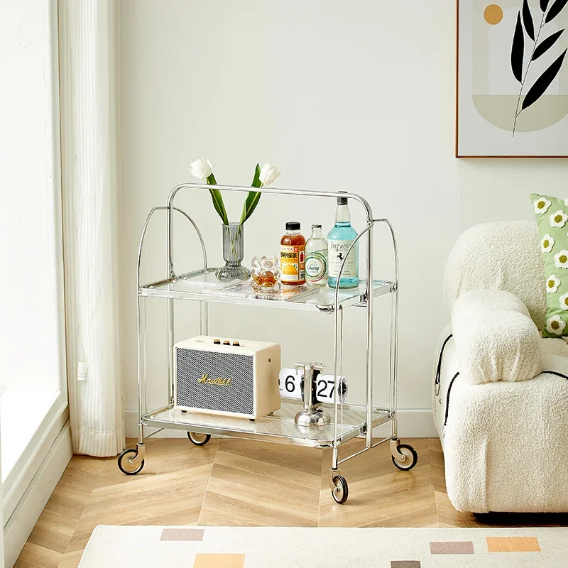Vintage Glass Coffee Table  Easy-Clean  Rolling Cart  Ins  Serving Cart Foldable Storage Rack for Dining Rooms