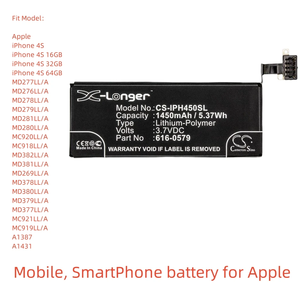 

Li-Polymer Mobile, Smartphone Battery for Apple | 3.7V, 1450mAh | Compatible with Models: iPhone 4S; MC921LL/A; A1387; A1431