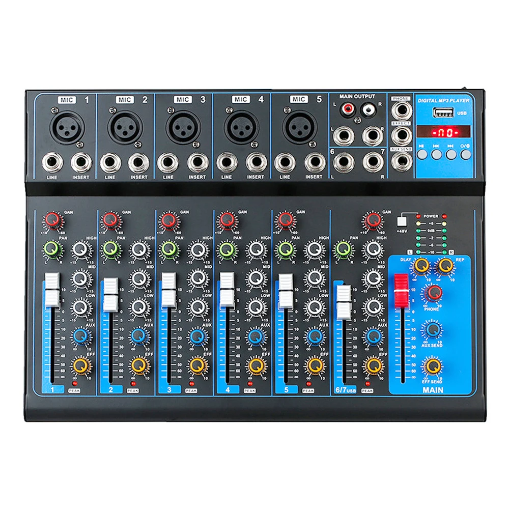 

Profesional 7 Channel Sound Mixer Table Stage Live Studio DJ Karaoke Mini Audio Mixer Mixing Console MiCWL ES7