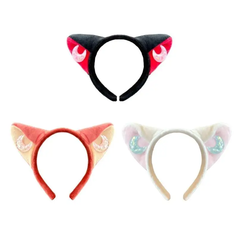 A52E Moon Decors Cats Ear Hairhoop for Women Cosplay Costume Headband Halloween Props Japanese Theme Party Headband