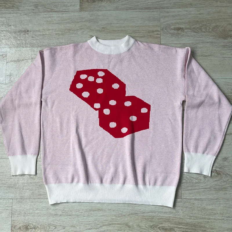 American Fashion Sweaters Unisex Red Dice Print Pink Pullover Shirts For Women Casual Y2k Long Sleeve Knit Couple Sweatshirt Top