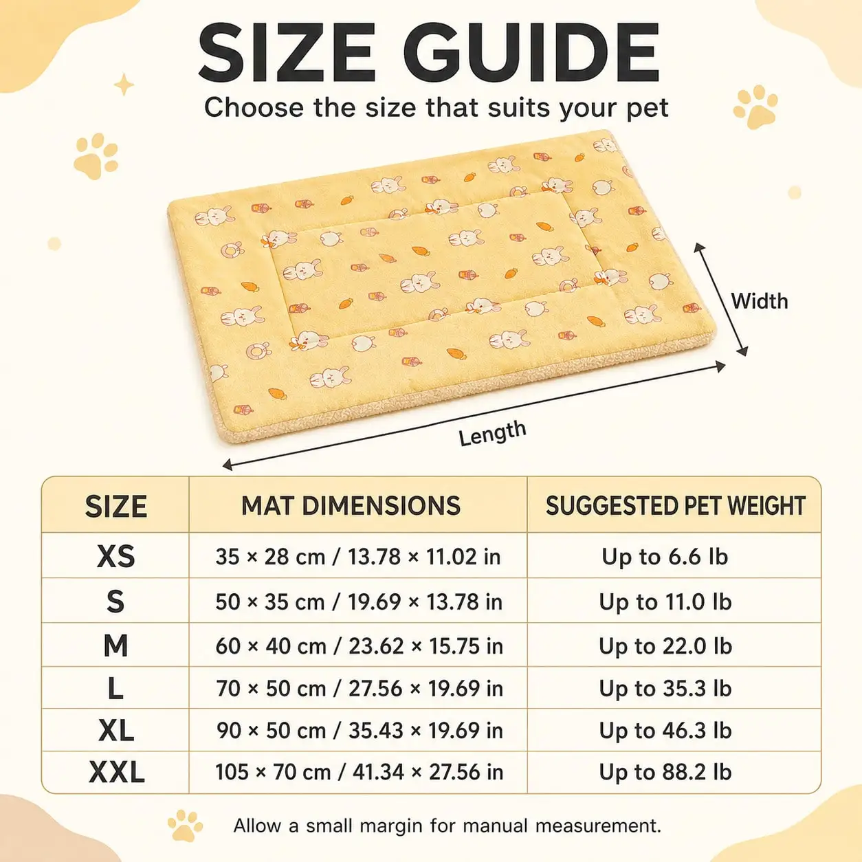 BVEOYPET Yellow Rabbit Print Pet Mat And Blanket For Cats And Dogs, Quilted Center, Padded Border And Fuzzy Reverse, 6 Sizes For Floor, Bench Or Sofa Use