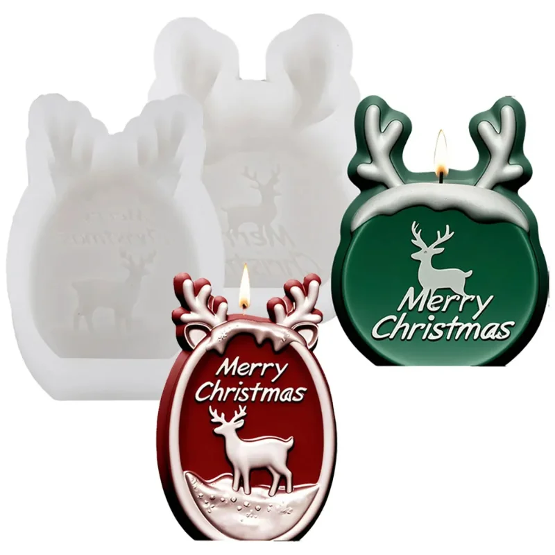 الأيائل شمعة معطرة قالب من السيليكون الإغاثة عيد ميلاد سعيد قرن الوعل تصميم DIY بها بنفسك اليدوية وسام مستديرة الجص الراتنج الشتاء ديكور الحفلات